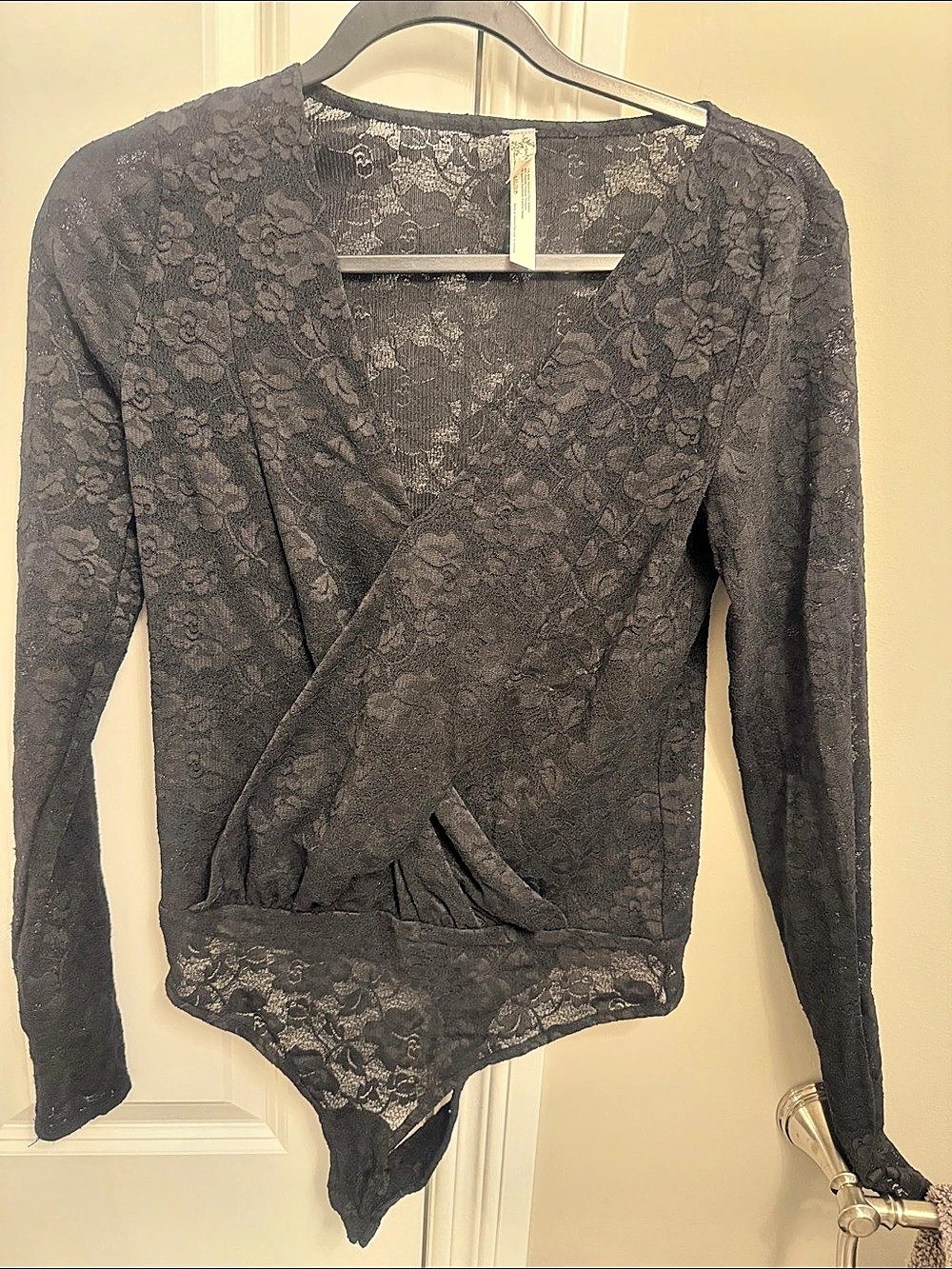 Free People Intimately Long Sleeve Lace Wrap Bodysuit Black Medium Like New